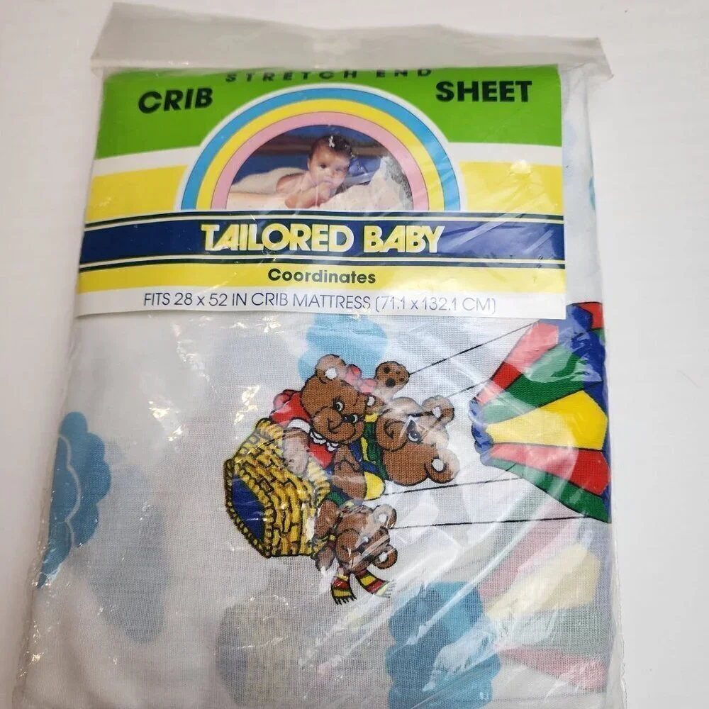 Vtg fitted crib sheet white fabric Bear in Hot Air Balloon by Tailored Baby prop
